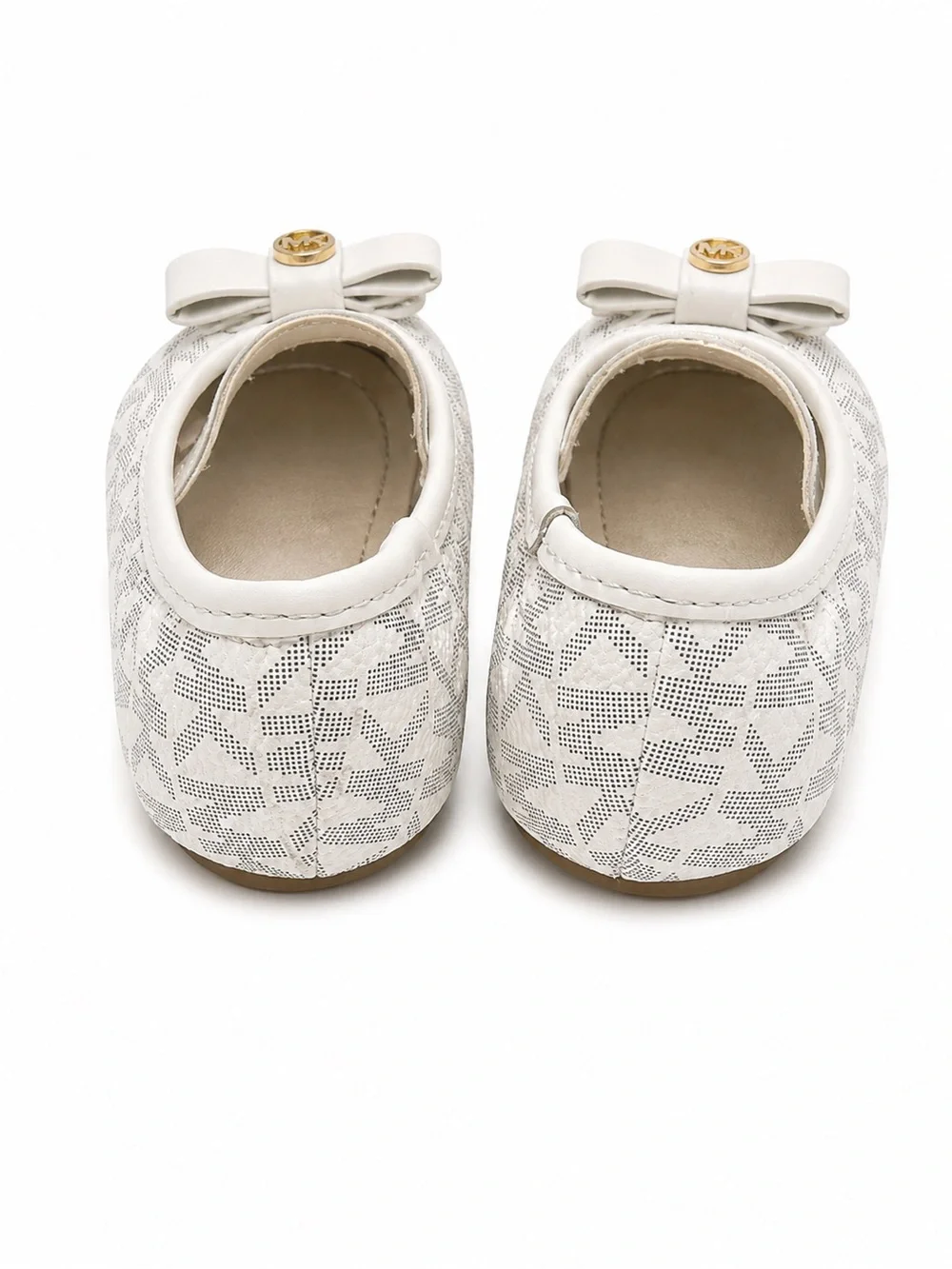 Michael Kors Girls Cream Logo Bow Ballet Flats with Gold MK Accent